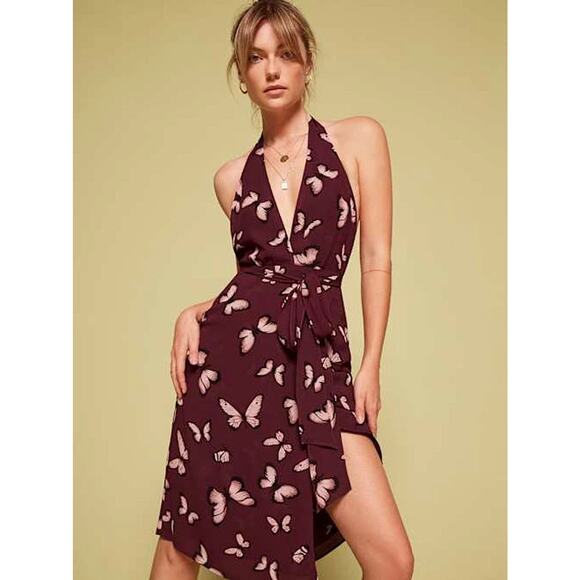 Reformation Dresses & Skirts - Reformation Johnson Dress Wrap Halter Tie Butterfly Print Burgundy Women's Large